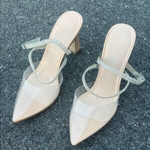 Chinese Laundry Nude Heels with Clear and Rhinestone Straps
